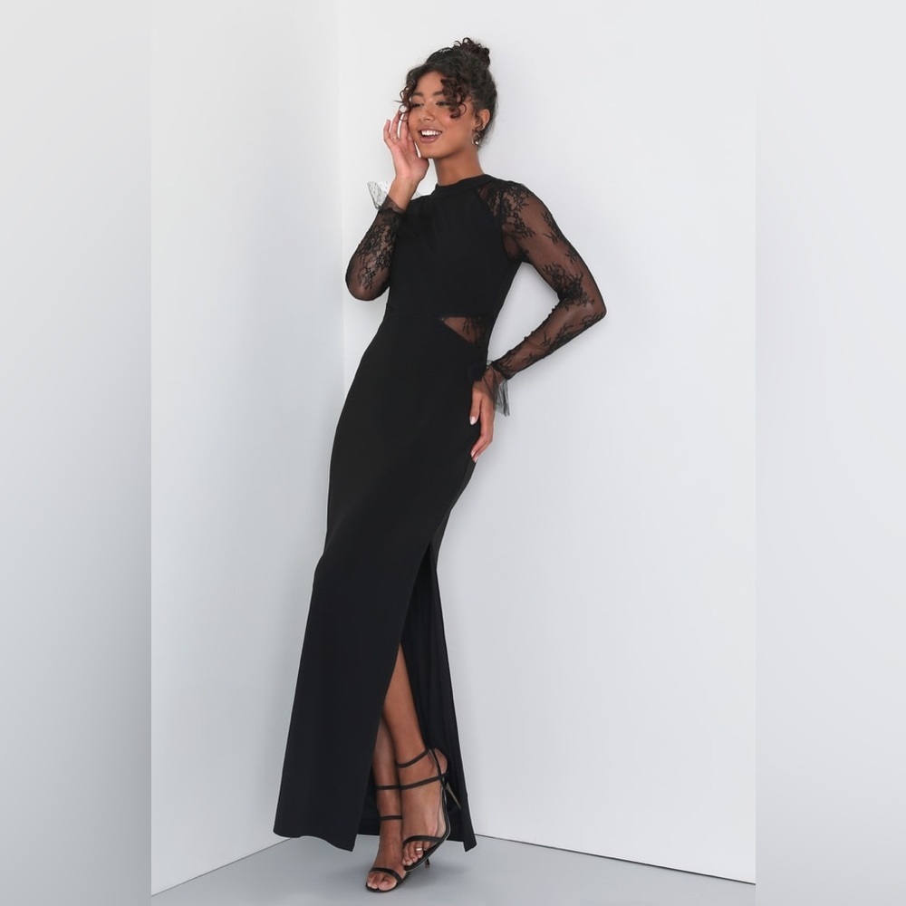 NWT Lulus Bragging Rights Black Lace Long Sleeve Column Maxi Dress Size XL
